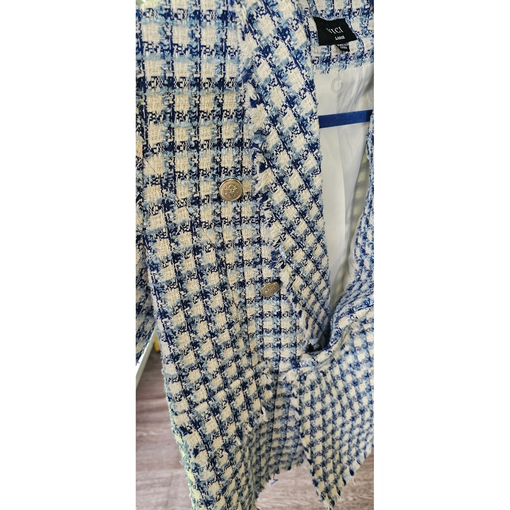 Vici Collection Blue Tweed Blazer Silver Buttons Frayed Trim Size Large - Picture 5 of 8